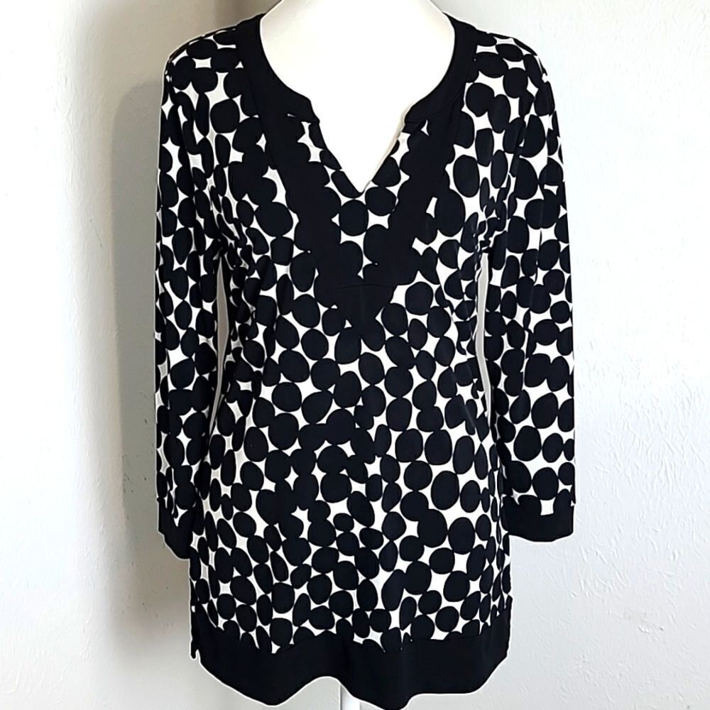 Rafaella Black & White Polka-dot Blouse with Black Trim, Size Medium